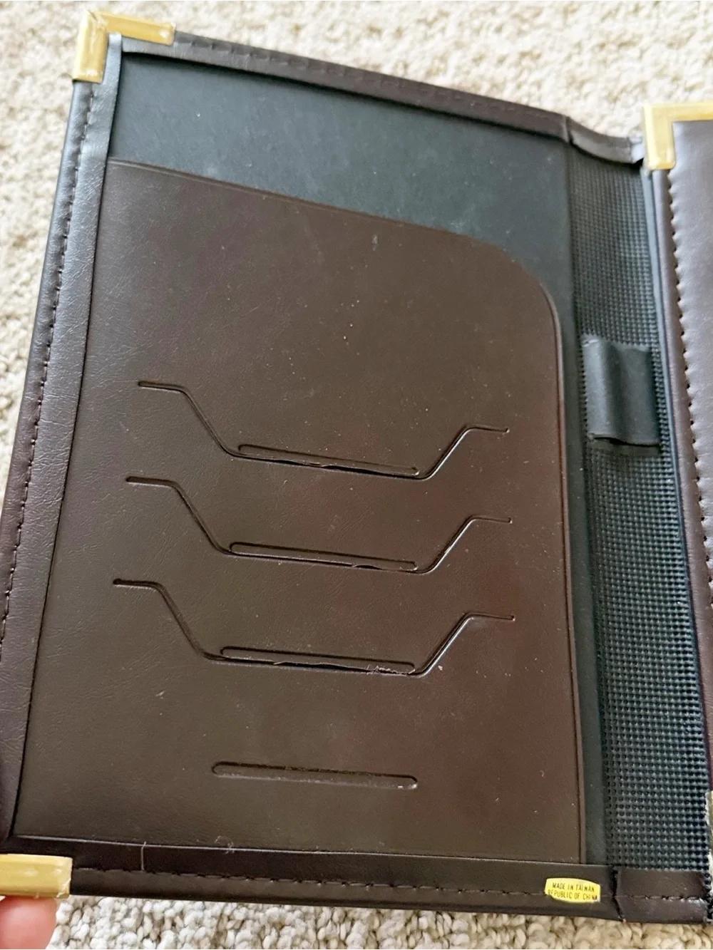 Small Brown Leather Portfolio Padfolio Organizer Taiwan Card Paper Gold Corners